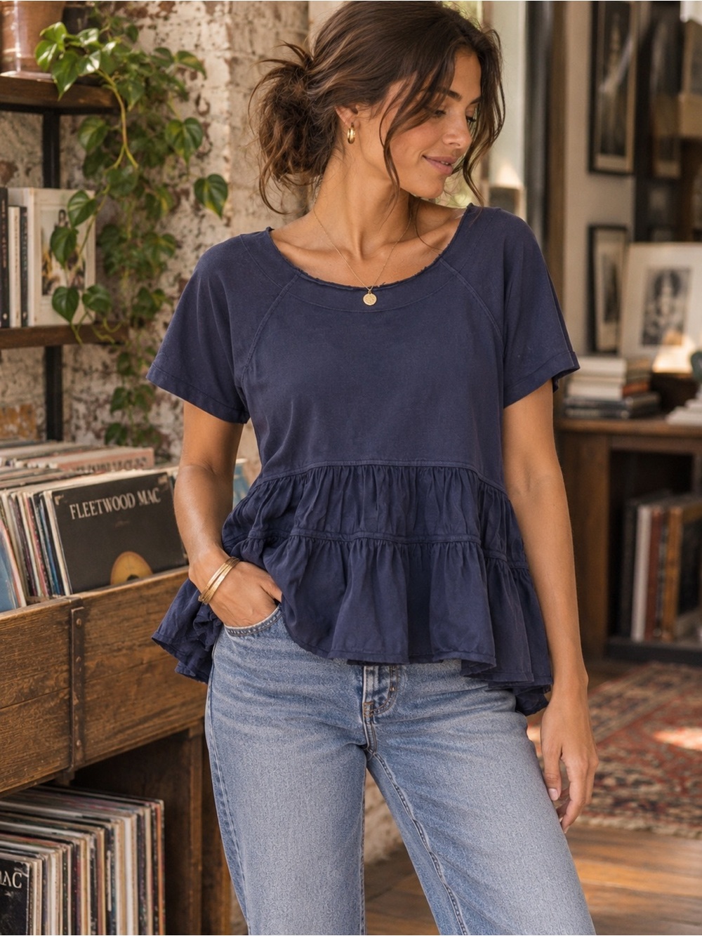 Anthropologie Navy Tiered Ruffle Peplum Cotton Top Raw Edge Size M